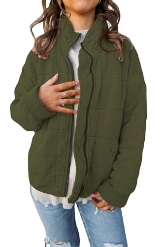 Chaqueta de Invierno con Cuello Alto y Manga Larga Holgada para Mujer, Color Verde Militar, Talla XL