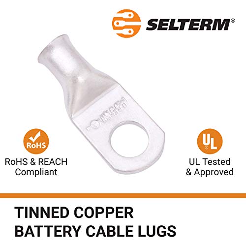 Selterm 2Pcs 6 Awg 5/16" Stud (Wide Pad) Tinned Copper Wire Lugs, Battery Lugs, Ring Terminals, Battery Cable Ends, 6 Gauge Ring Terminal Connectors, Ul Marine Grade Battery Terminal Connectors #TOP2