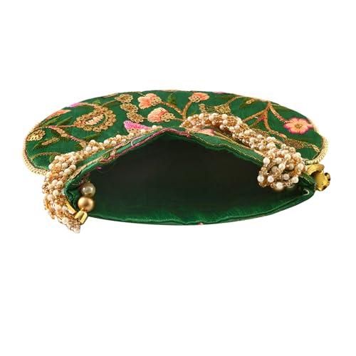 Image of Handcrafted Potli Purse with Golden Floral Embroidery and Pearl Accents
