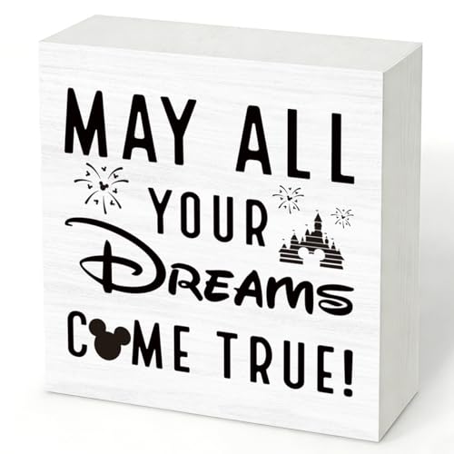 Mouse Theme Inspirational Wood Box Sign May All Your Dreams Come True Desk Decor for Home Office Farmhouse Tabletop Plaque Kawaii Gift for Friend Coworker