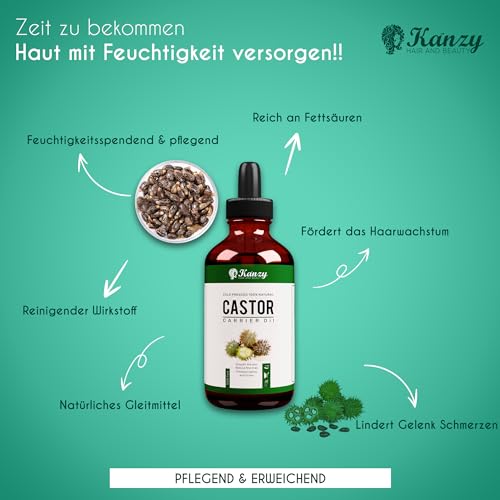 Kanzy Rizinusöl Bio Kaltgepresst 100ml, Organic Castor Oil for Hair Growth Natürlich Rizinus Öl für Körper, Haare, Nägel, Wimpern, Augenbrauen