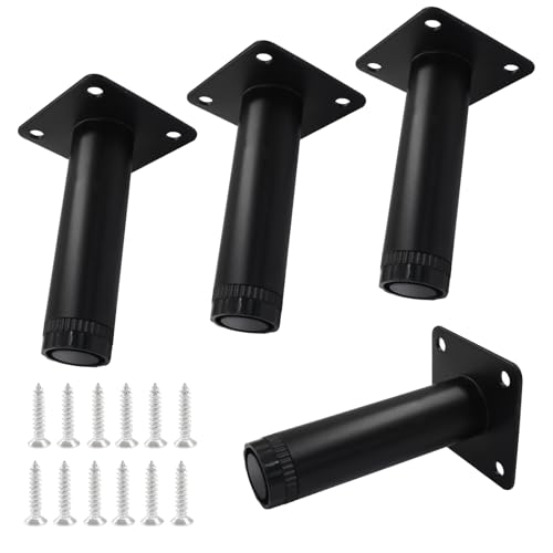 HARSKIYER 4 Inch Furniture Legs Set of 4, Adjustable Cabinet Legs Metal Furniture Feet, Black Furniture Support with Screws for Sofa, Cabinet, Dresser, Table, Shelf, Couch
