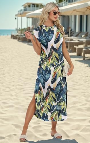 Image of HiMONE Beach Vacation Dresses for Women 2025 Sundress Cap Sleeves Casual Maxi Beach Dress with Pockets XS-2XL