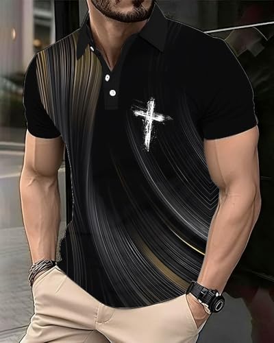 Polo deportivo cristiano para golf, camiseta negra de rendimiento con diseño de cruz dorada, manga corta miniatura 2
