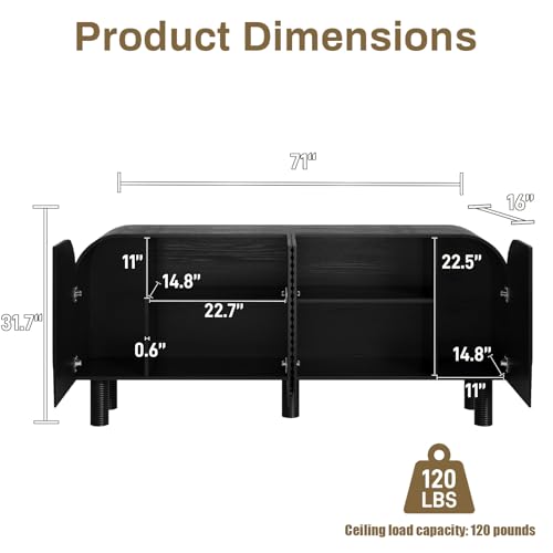 Image of 71 inch Curved Sideboard Cabinet with Storage, 4-Door Buffet Credenza,Black