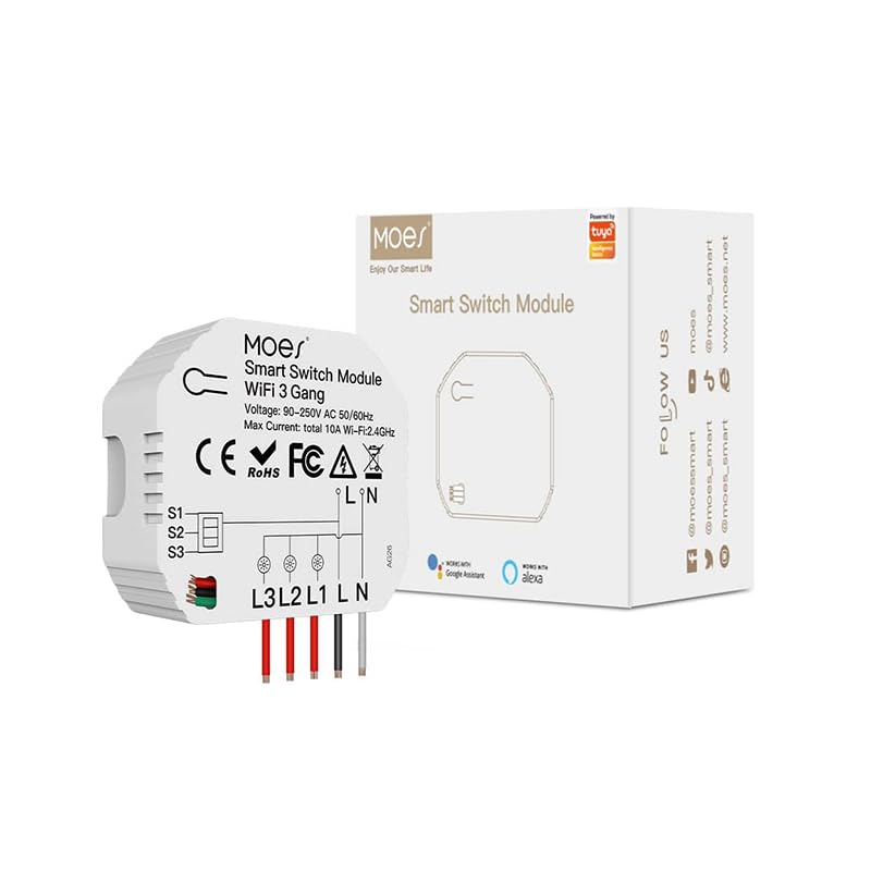 MOESWiFi RF433 Smart Alexa LED Light Switch Module, Wireless Remote Control 1 Way or 2 Way Multi-Control, Compatible with Smart Life Tuya App Alexa and Google Home, 3 Gang Only Support WiFi 2.4Ghz