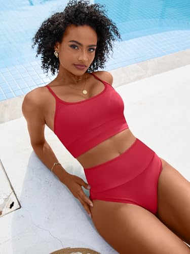 Image of ANRABESS Women's High Waisted Bikini Sets,Color Block 2 Piece Swimsuits,Tummy Control Bathing Suits,Thick Ribbed Beach Wear