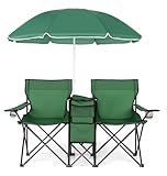 COSTWAY 2-Sitzer Campingstuhl mit Sonnenschirm, Kühltasche, Getränkehalter & Seitentasche, klappbarer Angelstuhl mit Tragetasche, Faltstuhl, Klappstuhl für Camping, Angeln, Picknick (Grün)