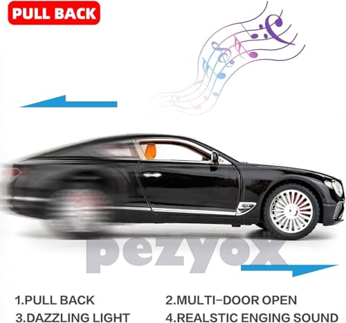 Image of Compatible for 1 /24 Bentley Continental GT Model Car Alloy Diecast Toy Car Collectible Pull Back Toy Vehicles with Sound and Light Door Can Be Opened for Girls Boys Gift (Black)