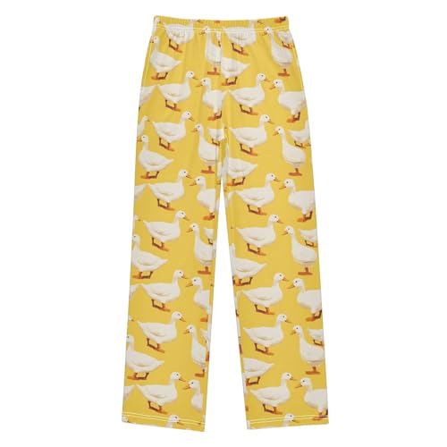 White Duck on Yellow Long Pajama Pants Bottoms Soft Sleepwear with Pockets