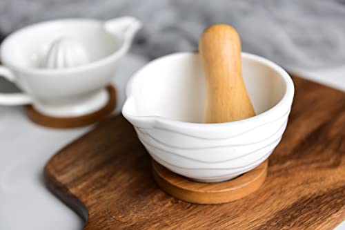 Divano Mortar And Pestle Set Small Porcelain Herb Grinder Pill Crusher With Non-Slip Detachable Wood Base 4 Inch #TOP3