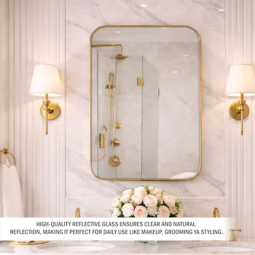 Image of Rousrie Premium Glass Wall Mirror with Golden Frame, Big Size 24x18 Inches, for Bathroom, Living Room, Washbasin
