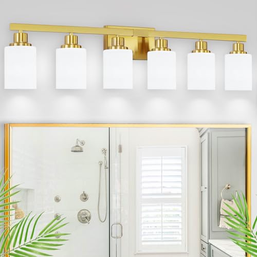 Image of 6 Light Gold Bathroom Vanity Light Bathroom Light Fixture 36.8in | White Frosted Ribbed Glass Shade Modern Brushed Gold Vanity Lighting Fixtures over Mirror Gold Sconces E26 Base
