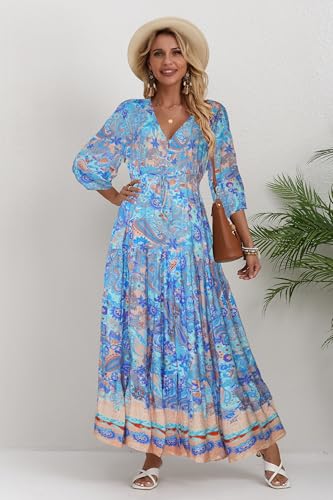 Image of Women Short Sleeve V Neck Floral Print Casual Bohemian Maxi Dresses