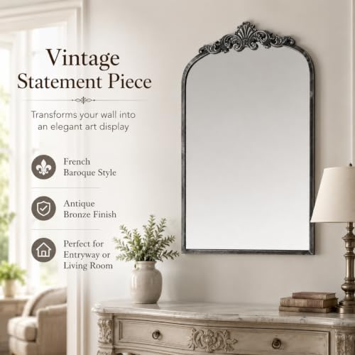 Image of Arched Wall Mirror, 21x31 inch Baroque Traditional Design, Antique Black