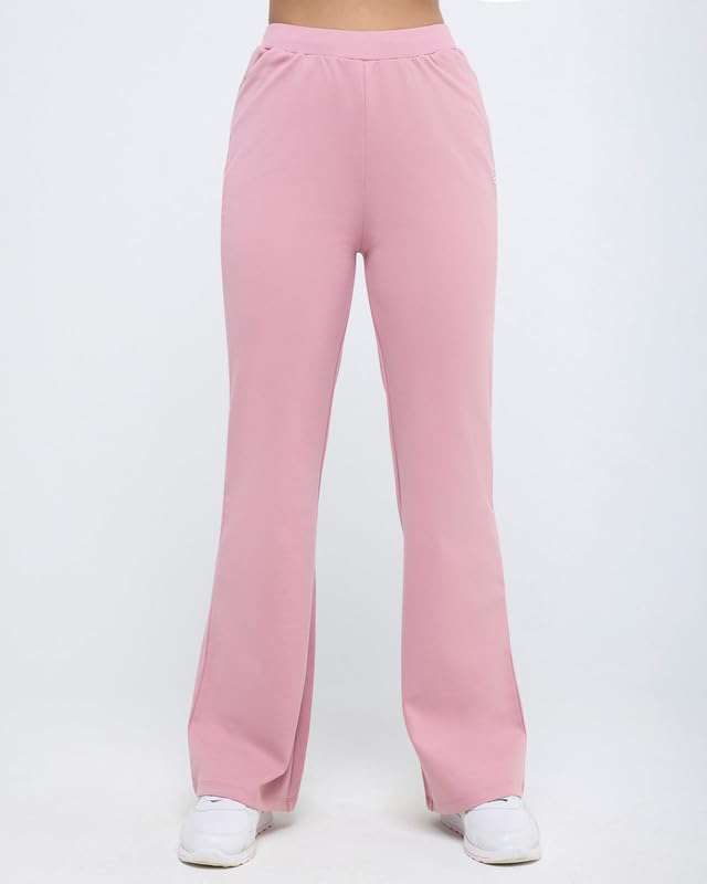 Image of HUNNIT Essential Flare Pants for Women with Zip Pockets | Mid Waist Solid Cotton Tapered Flare Pants | Bootcut Flared Trousers with Wide Elastic Waistband | Relaxed Fit Flared Trouser