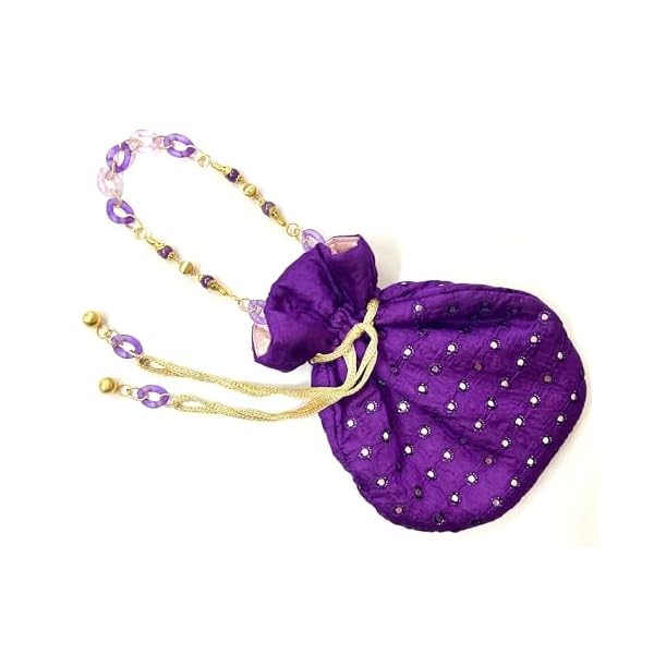 Heddz Handcrafted Raw Silk Drawstring Potli Bag for Ladies with Detachable Glass Beads Chain Handles & Tassels for Parties, Weddings and Special Ocassions