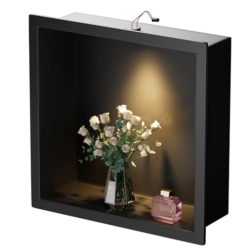 Qeke Stainless Steel Shower Niche 12 X 12, No Tile Needed Wall Niche with Non-Dimmable Led Downlight, Recessed Shower Shelf for Bathroom Storage, Over Mount Installation, Matte Black