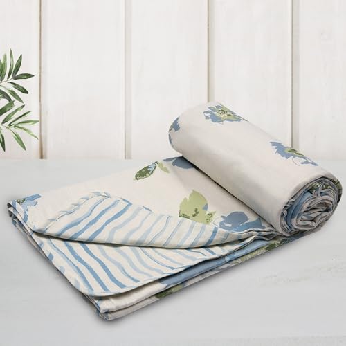 Image of HUESLAND 100% Cotton Reversible Dohar Toddler Size | Soft Cambric Weave, All Weather Light Comforter AC Quilt | Infants-New Born Blanket | 41 x 55 inches, Floral Fusion - Cream, Carolina Blue & Green