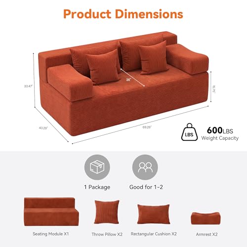 Image of MONVANE 70 inch Modular Sectional Sofa, Boneless Loveseat, Terracotta