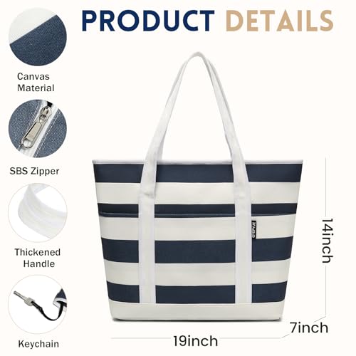 Image of Large Canvas Tote Bag for Women, Beach Bag with Zipper, Utility Tote Bag with 3 Front Pockets, Weekender Pool Bag