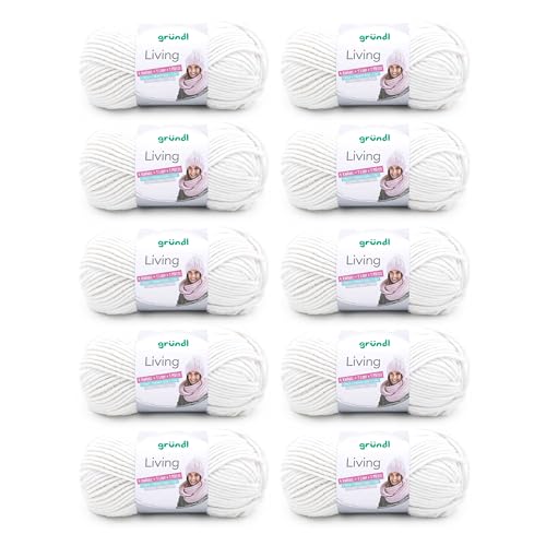 Gründl Garn Living (Strick- und Häkelgarn mit wollartigem Charakter, waschbares Garn aus 80 % Polyacryl und 20 % Polyamid, 100 g / 100 m, Nadelstärke: 8 - 9, 10 x 100 g), Creme, 39 x 40 x 8 cm