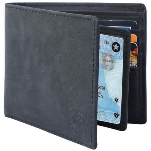 Leather Wallet for Men, Genuine Leather RFID Blocking Bifold Wallet, Minimalist Slim Design, Stylish and Secure Credit Card Holder (Black)