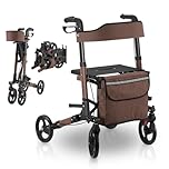 Juskys Rollator Vital marrone – Rollator pieghevole e leggero in alluminio, supporta fino a 130 kg. Regolabile in altezza con sedile, borsa e supporto per ombrello