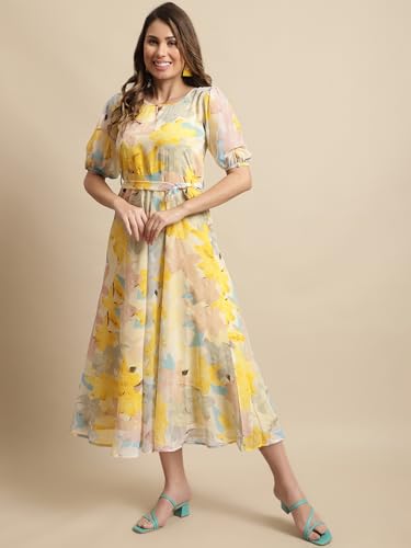 Preneum Women's Maxi Fit & Flare Latest Style Print Georgette Regular Sleeves Casual Summer Maxi Dress || Festival & Occasion, Light Yellow, M