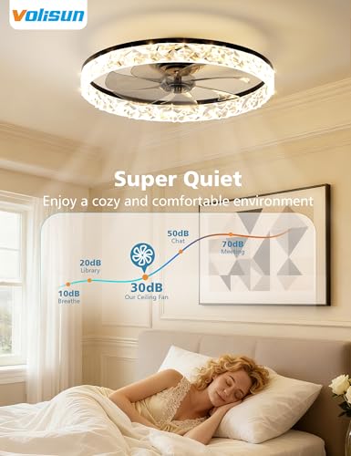 Image of VOLISUN Low Profile Ceiling Fan with Lights and Remote, No Assembly, 20in Modern Ceiling Fans Flush Mount, 3000K-6500K Dimmable Bladeless LED Fan Light, Black Fandelier Ceiling Fans for Bedroom
