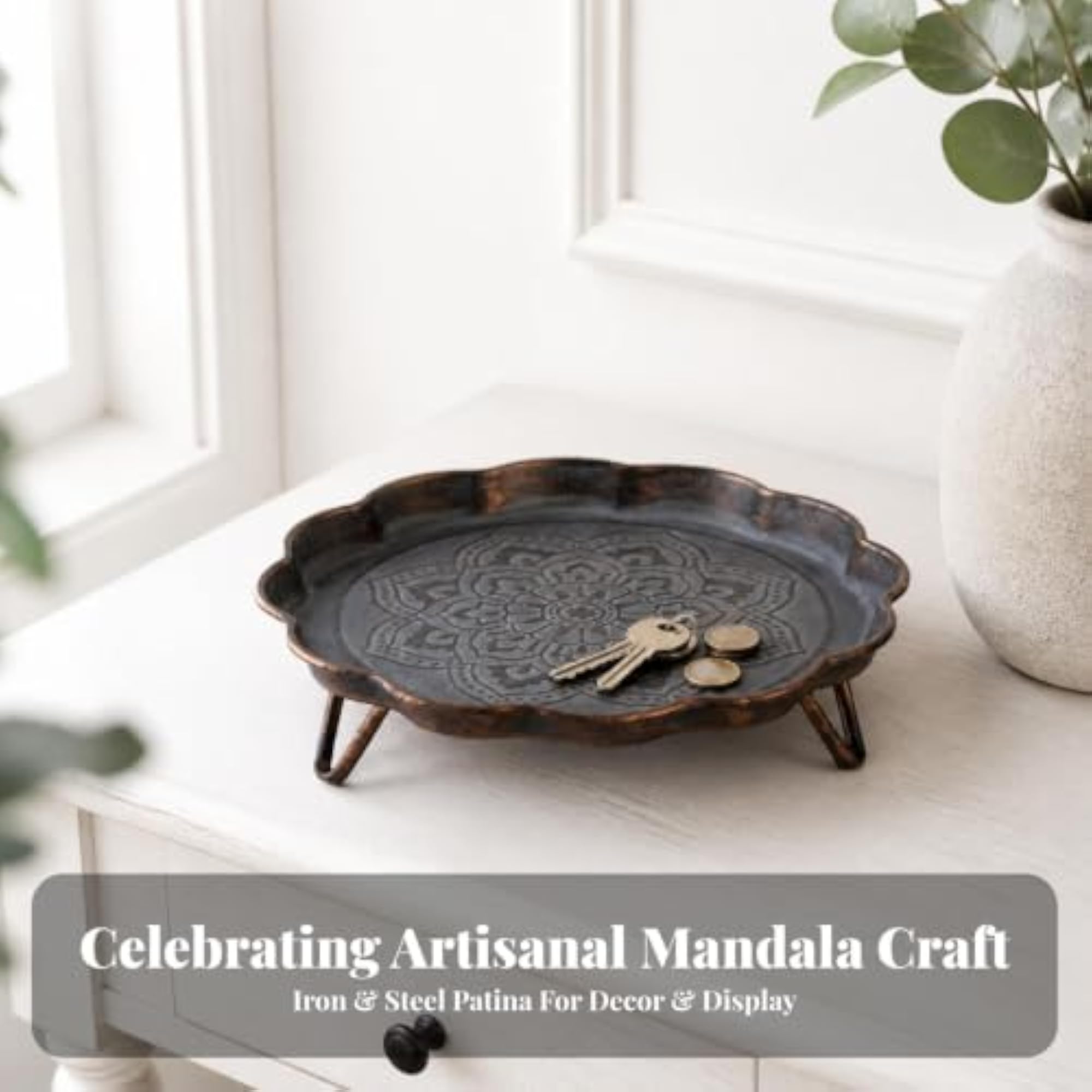 Dark Bronze Finish Mandala Pattern Metal Tray