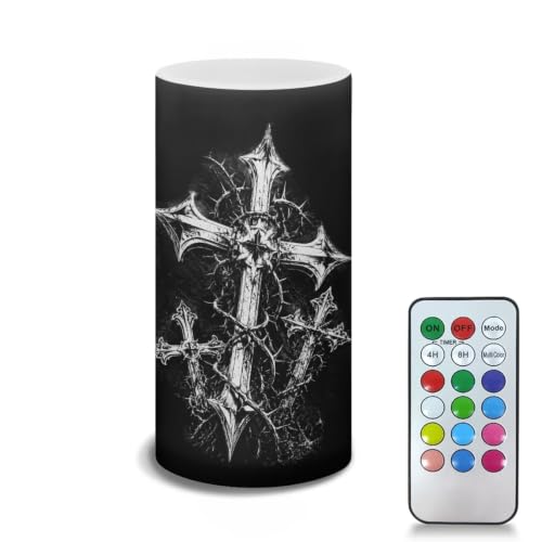 Image of Poceacles LED Flameless Candles Battery Operated Candles with Remote Control Timer Flickering Wick Pillar Tealight for Home Outdoor Decor, Cross Thorns Print Black