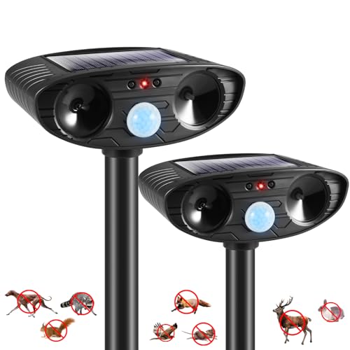 2025 2Pack Deer Repellent Device Ultrasonic Animal Repellent Outdoor Solar Animal Repeller with Motion Detection Cat Deterrent Outdoorto Scare Raccoon Dog Coyote Squirrel Skunk Fox Rabbit