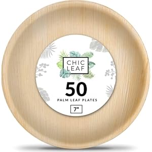 Chic Leaf Disposable Palm Leaf Plates 7 Inch Bamboo Plates Round (50 count) | Eco Friendly Plates for Weddings and Party | Sturdy, Compostable and Biodegradable Alternative to Paper and Plastic