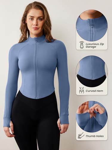 Image of AVGO Women's Workout Jacket Lightweight Zip Up Cropped Yoga Jackets Slim Fit Athletic Tops with Thumb Holes