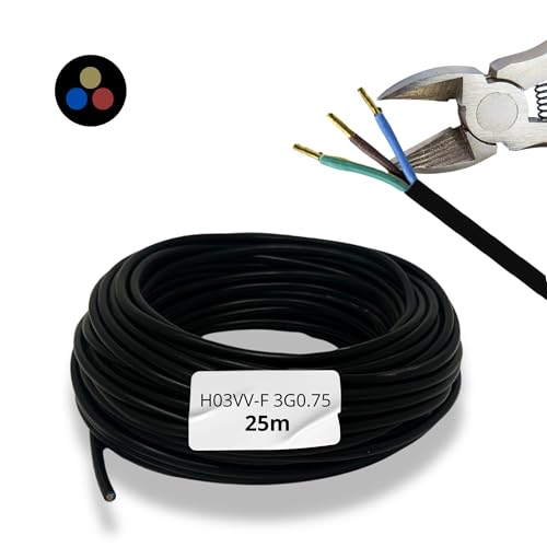 HALOTEC Câble Électrique 25m 3 Fils 3x0.75mm² | Flexible H03VV-F PVC Noir pour Rallonges, Installation Domestique, Projets de Bricolage | Durable, Résistant Usure | Accessoire Éclairage Maison