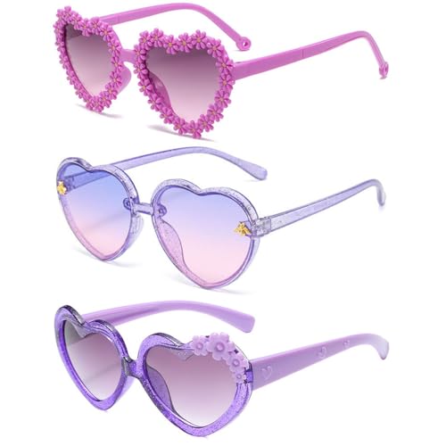 Image of Ridering 3Pcs Toddle Kids Heart sunglasses,Girl Cute Flower Sunglasses UV400 Protection Fit For Toddler Age 2-4 Sunglasses