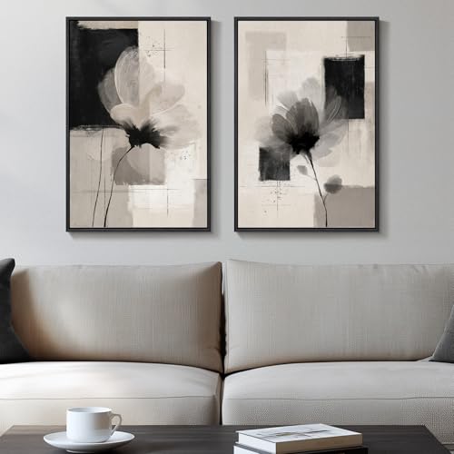 Framed Neutral Abstract Floral Wall Art for Bedroom, Set of