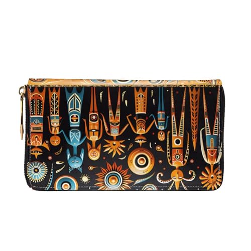 Leather Women Wallets, Long Credit Card Holder, Primitive Totem Print Billfold Clutch & Travel Purse Large Capacity2