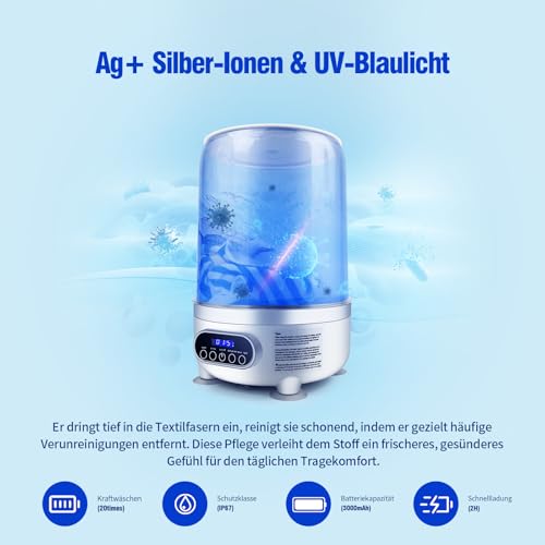 Waschmaschine und Trockner für Unterwäsche | 3L wiederaufladbare tragbare Mini-Waschmaschine mit blauem Licht | Tiefenreinigung für Socken und kleine Kleidungsstücke (HP909-Weiß-3L)