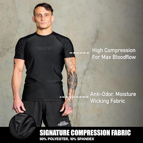 Elite Sports Jiu Jitsu BJJ Rash Guards, Men’s BJJ, No GI, MMA Ranked Short Sleeve Compression Base Layer Rash Guard3