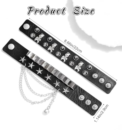 2 Pcs Punk Bracelets, Studded Bracelets Set with Spiked Leather Cuff, Adjustable Emo & Rock Wristband for Men Women (Black)2