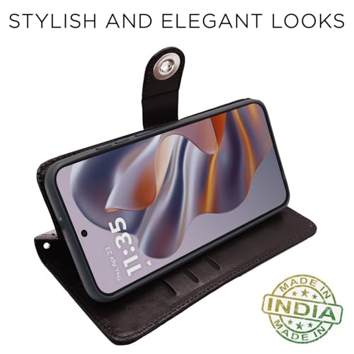 Image of Pikkme Flip Cover Leather Finish | Inside TPU with Card Pockets | Wallet Stand and Shock Proof | Complete Protection Button Flip Case for Moto Edge 50 Neo 5G (Coffee)