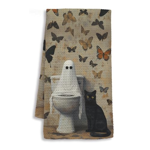 Image of Vintage Halloween Ghost Black Cat Bathroom Hand Towels, Halloween Bathroom Decor, Dark Cottagecore Butterfly Ghost Black Cat Decorative Hand Towels for Bath Room Washroom, 16x24 Inch