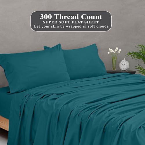 Image of Royale Linens 300 Thread Count 100% Long Staple Combed Cotton Flat Sheet - Super Soft - Top Sheets - Full Flat Sheet Sold Separately - Breathable, Cool & Crisp Percale Sheets Only (Full, Teal)