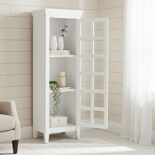 Image of APRODZ Mango Wood Crockery Cabinet with Glass Door | Wooden Kitchen Storage Cabinet for Dining Room Living Room & Bedroom | Tall Storage Cabinet with Shelves | Display Cabinet for Home, White Finish