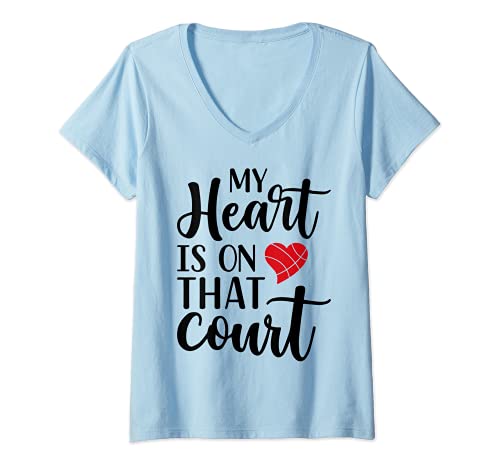 Womens My Heart Is.... That Court Cute Basketball V-Neck T-Shirt, Blue