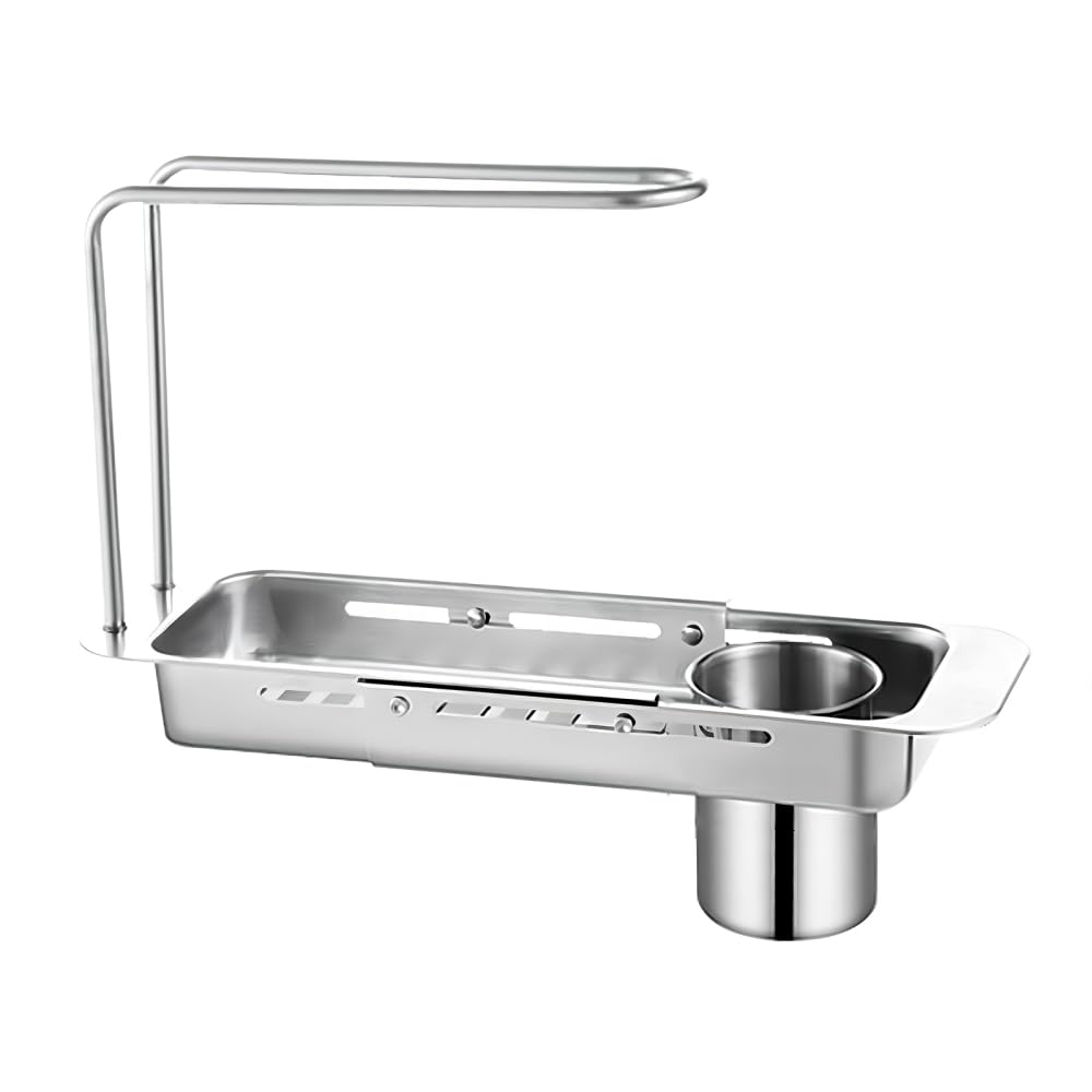 DONGKER Égouttoir a Éponge Rétractable en Acier Inoxydable Amovible avec Trous de Drainage Creux au Fond,pour Comptoir de Cuisine Évier de Cuisine