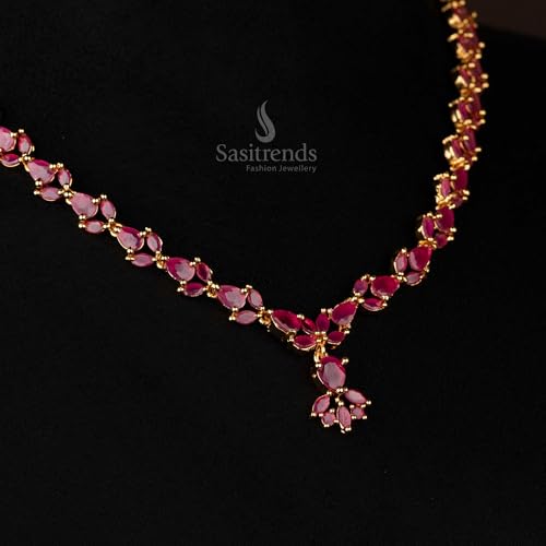 Image of Sasitrends Micro Gold Plated American Diamond Ruby stone Studded Necklace Jewellery Set