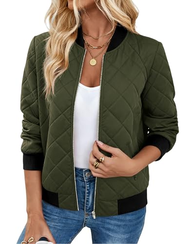 Image of Zeagoo Women Raglan Quilted Bomber Jacket Warm Long Sleeve Zipper Coat Solid Color Winter Coat XL